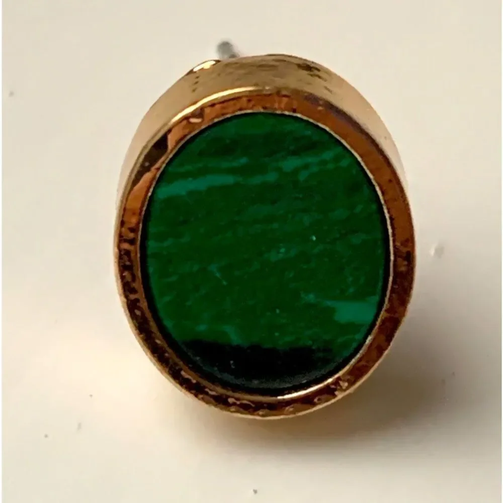 Men’s Green Faux Malachite Stud Earrings – Gold Tone Oval Stone Bezel Setting